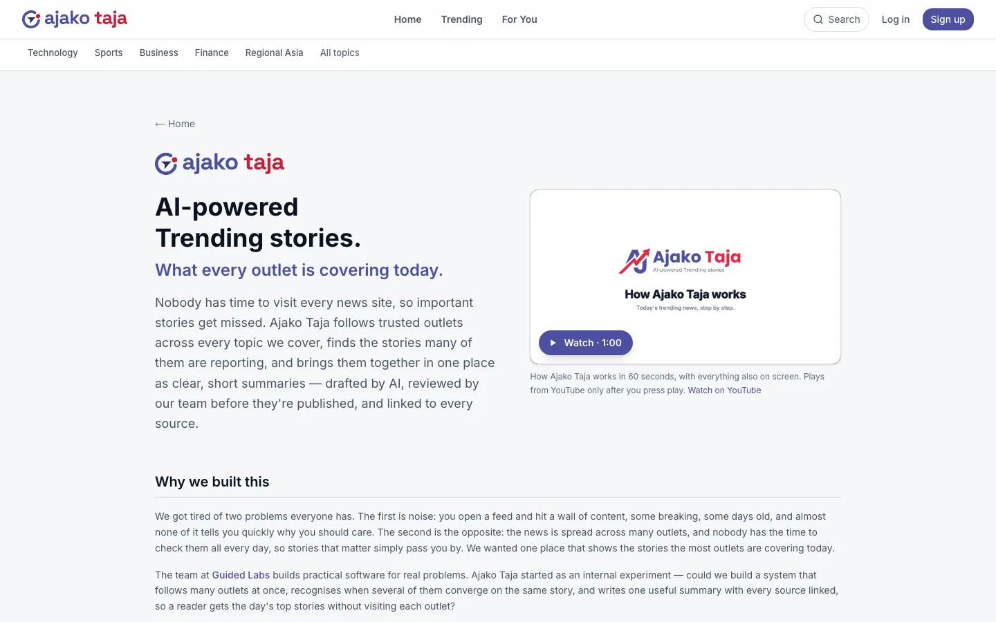 AjaKoTaja about page: “AI-powered Trending stories. What every outlet is covering today.”