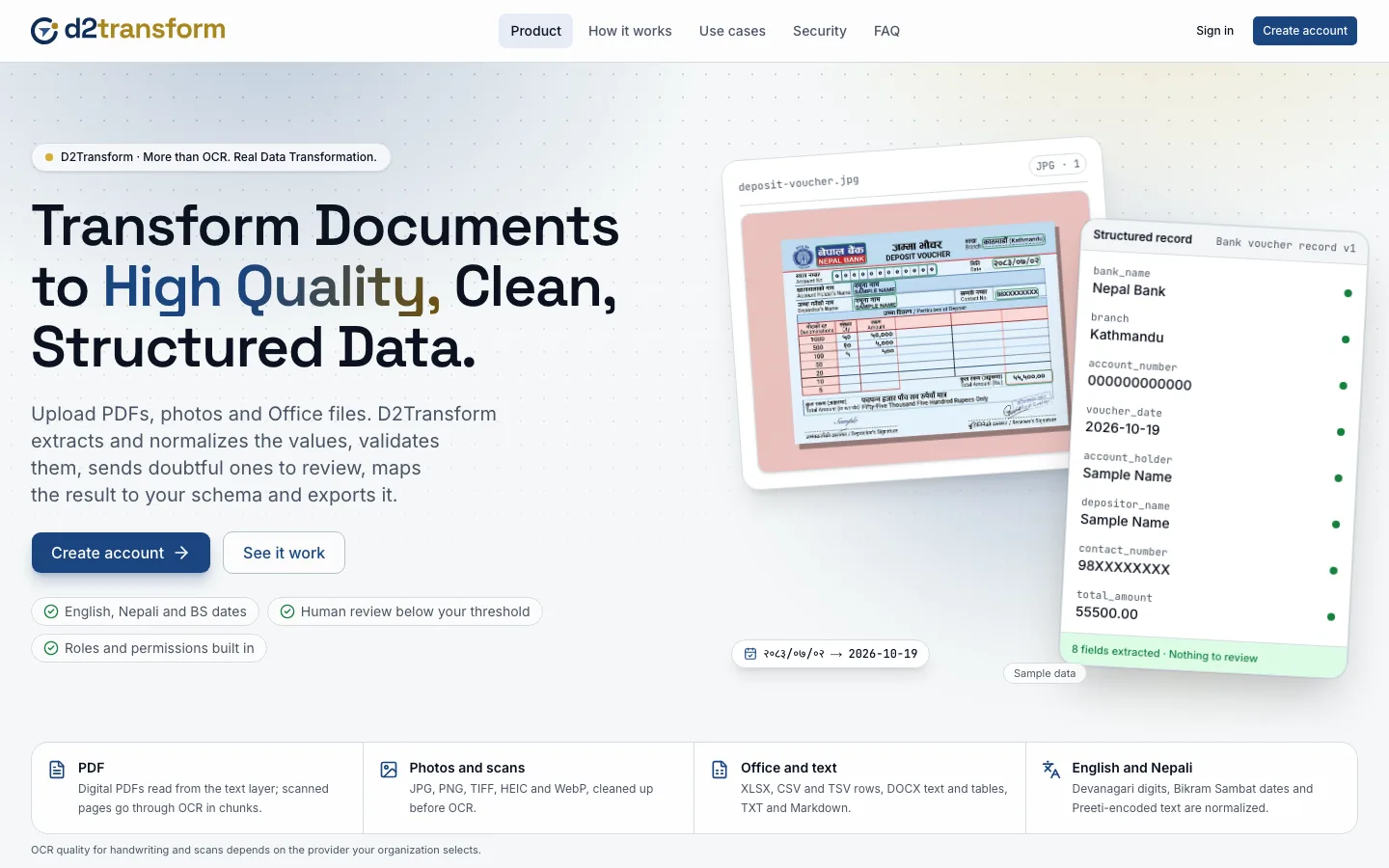 D2Transform home page: “Transform Documents to High Quality, Clean, Structured Data”, beside a sample bank deposit voucher and the structured record extracted from it