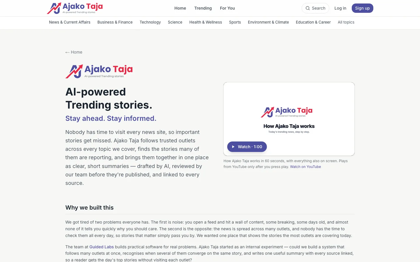 Ajako Taja about page: “AI-powered Trending stories. Stay ahead. Stay informed.”