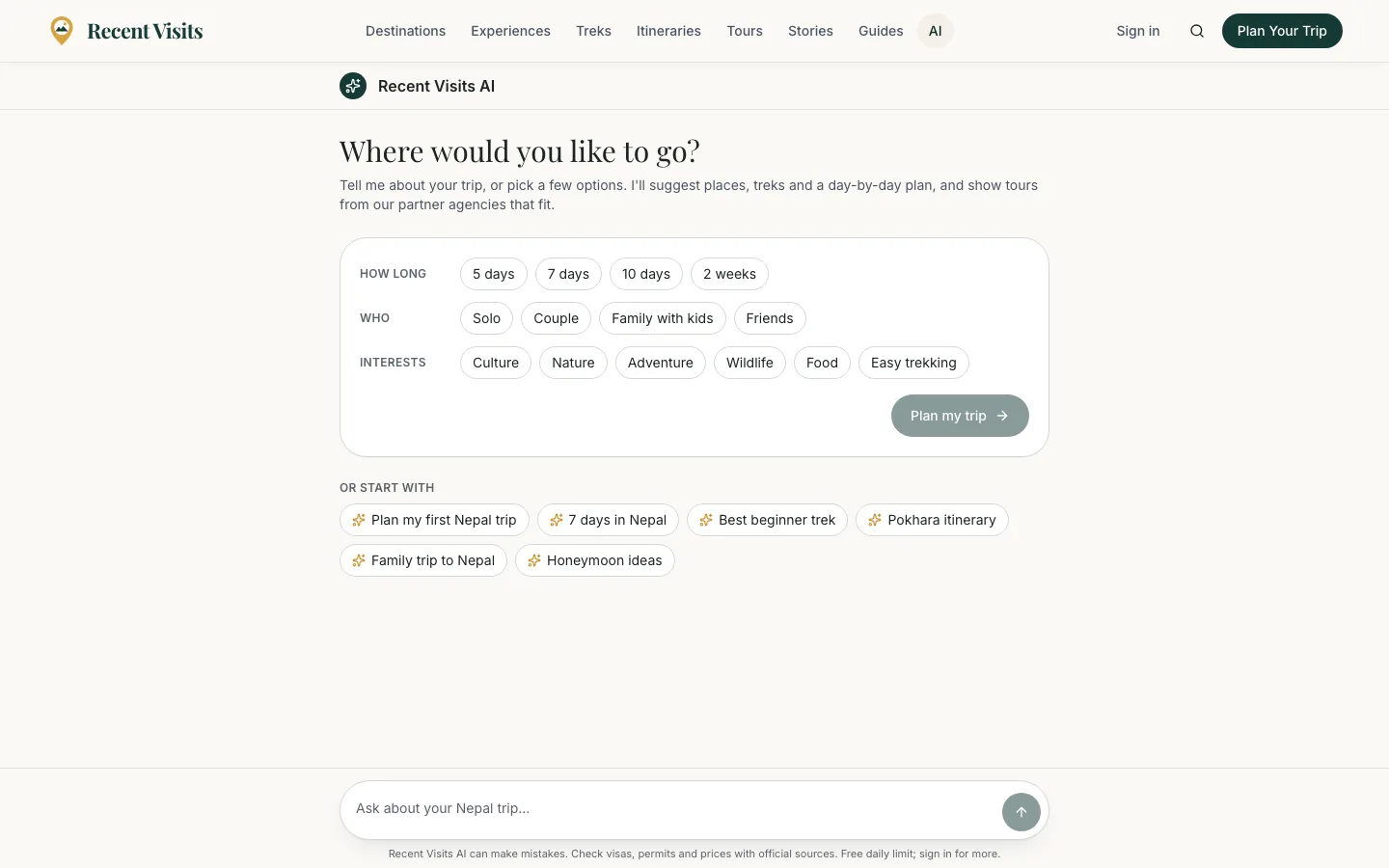 Recent Visits AI planner asking how long the trip is, who is travelling and their interests