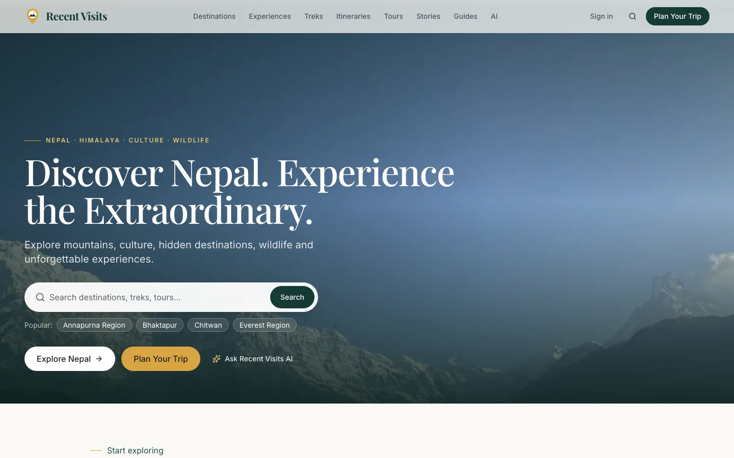 Recent Visits home page: “Discover Nepal. Experience the Extraordinary.” with a search box for destinations, treks and tours