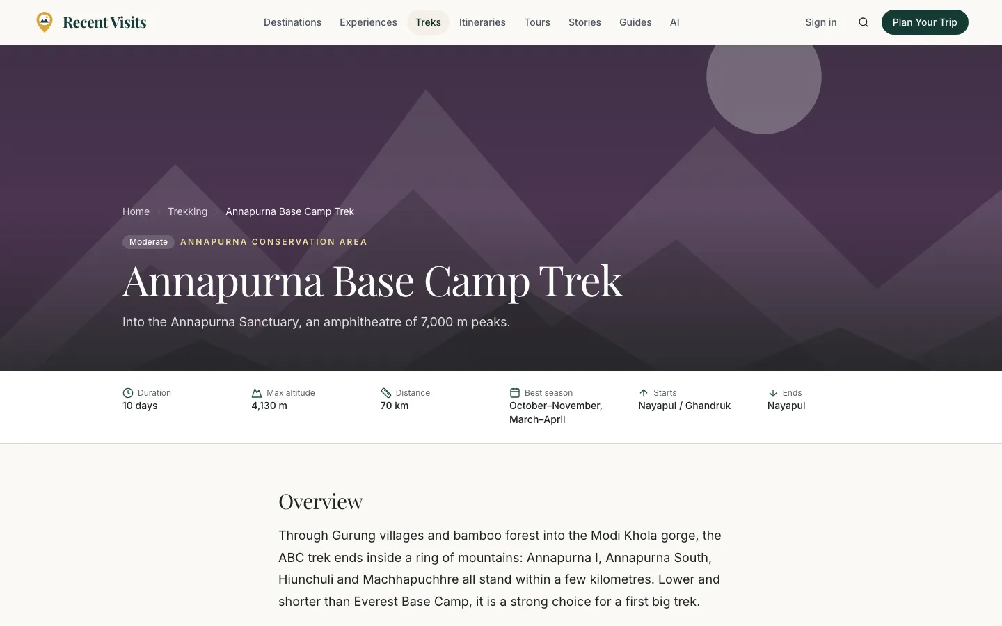 Annapurna Base Camp Trek guide on Recent Visits with duration, maximum altitude, distance and best season